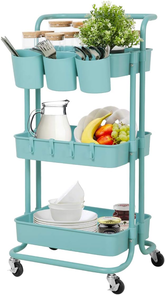 3 Tier Storage Cart, Rolling Cart，Kitchen Storage Cart, Painting Cart, Trolley Adjustable Makeup Cart with Handle/Hanging Cups/Hooks/Wheels for Bedroom/Bathroom, Teacher Cart: Kitchen & Dining