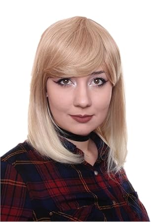 Prettyland Blond Strähnen Mittellange Glatte Natürlich Matte wie Echthaar hitzefeste Volumen Perücke Wig C181