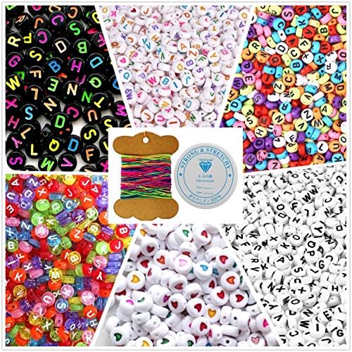 Amaney 1100 Pieces 7×4mm 5 Color Acrylic Alphabet Letter Beads and Heart with 1 Roll Colorful Elastic String and 1 Roll Crystal String for Jewelry Making Bracelets Necklaces Key Chains and Kids Jewelr