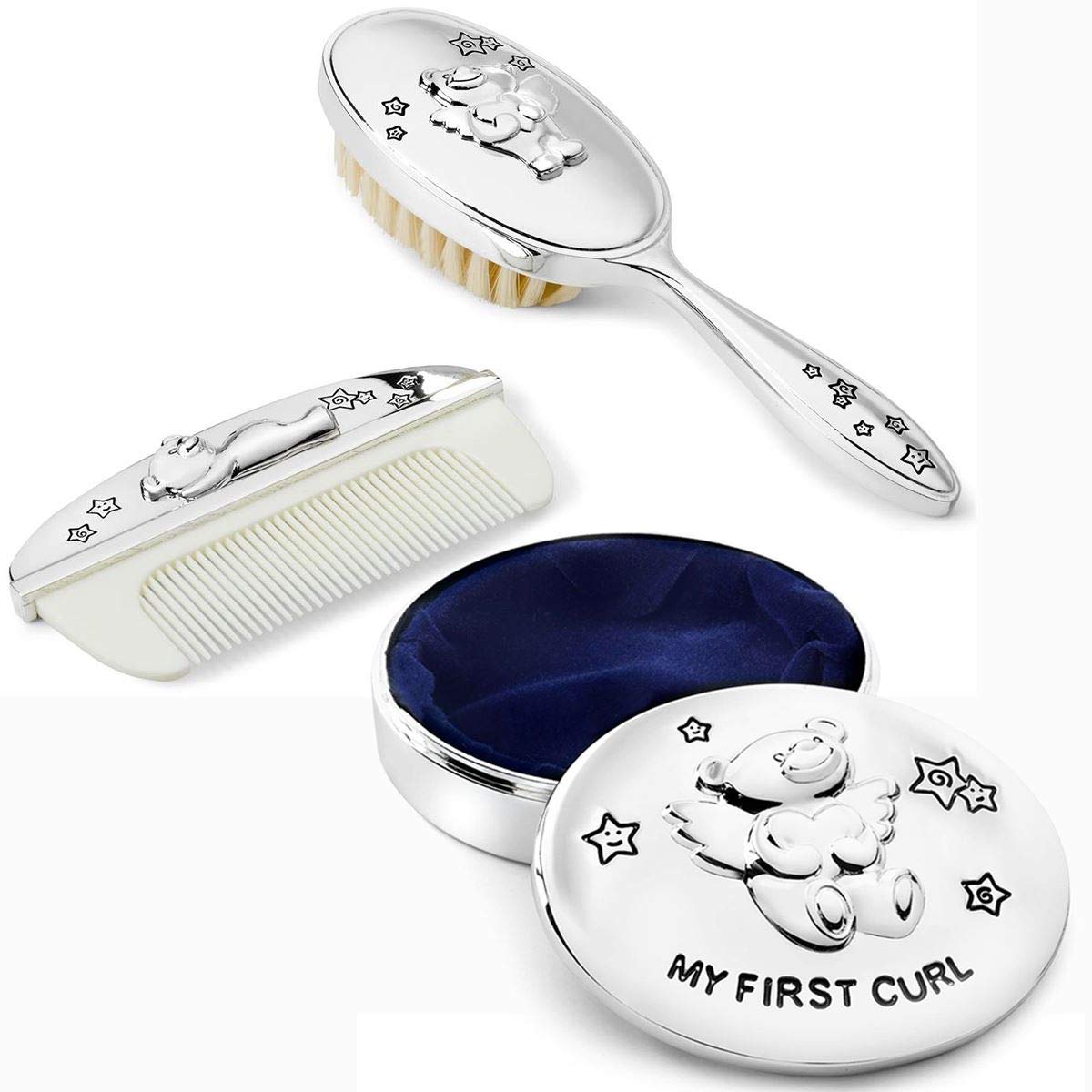Bredemeijer Twinkle Baby Comb And Brush Set With Hair Tin Silver