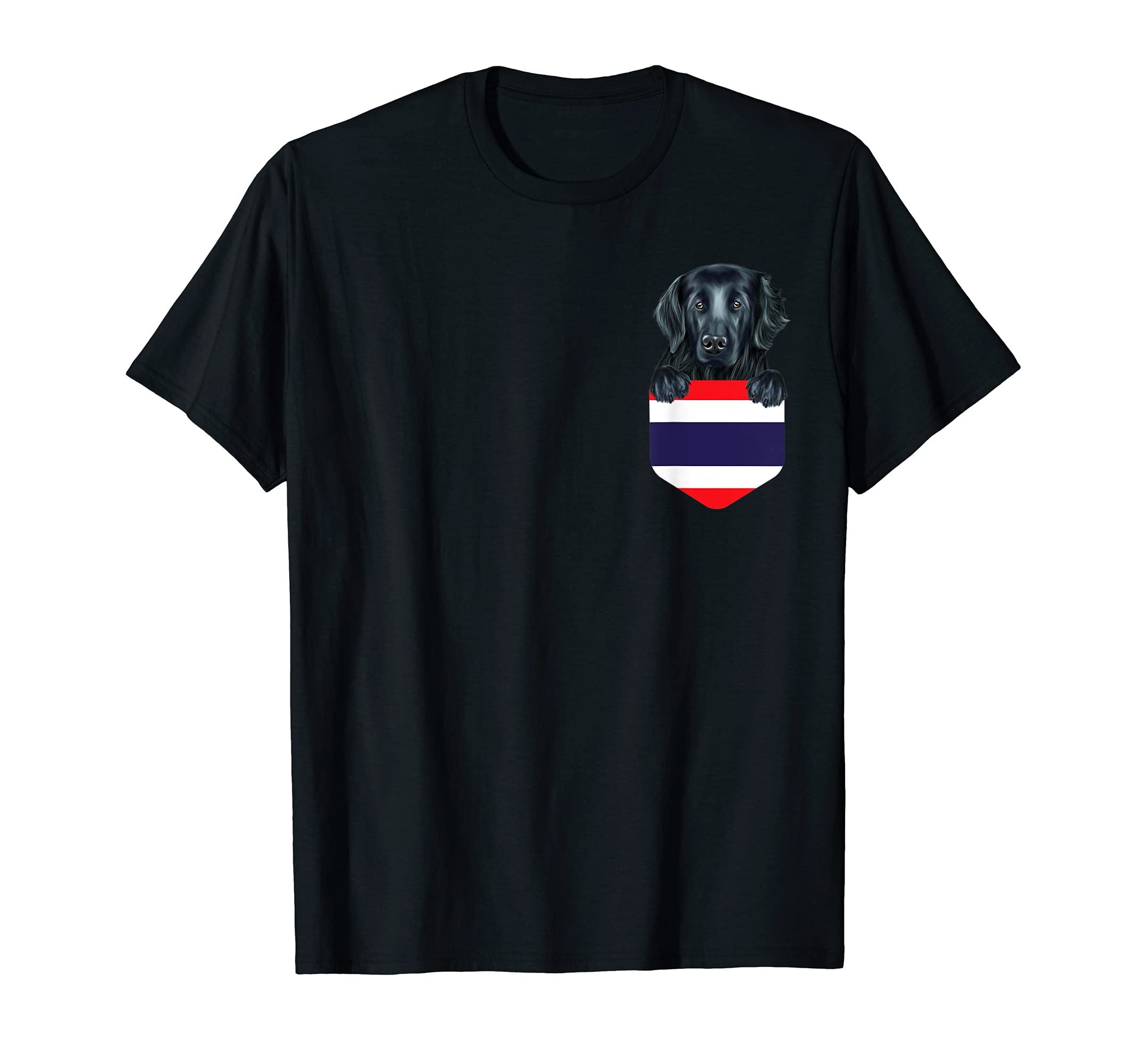 Thailand Flag Flat-Coated Retriever Dog In Pocket T-Shirt