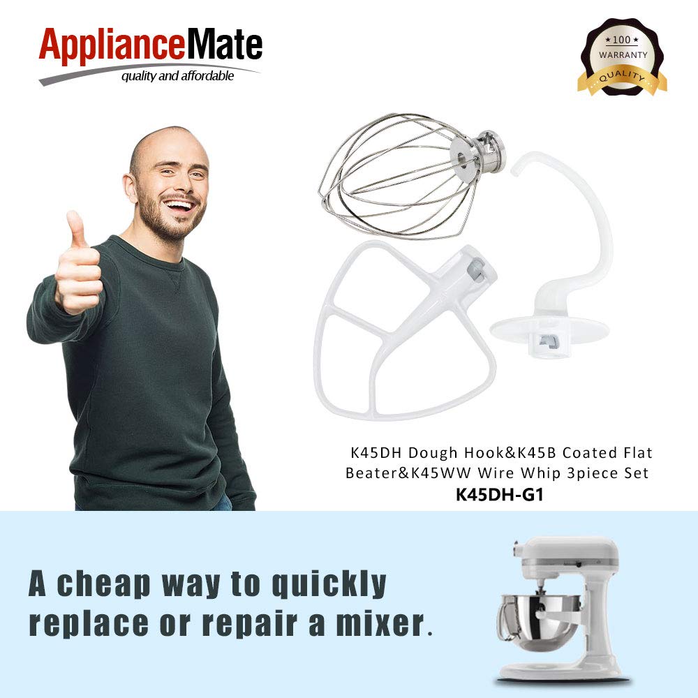 Kitchen Mixer Accessories K45DH Dough Hook & K45B Coated Flat Beater & K45WW Wire Whip 3 piece Stand Mixers Replacement Set Compatible With K45 KSM75 KSM90 KSM100 KSM103