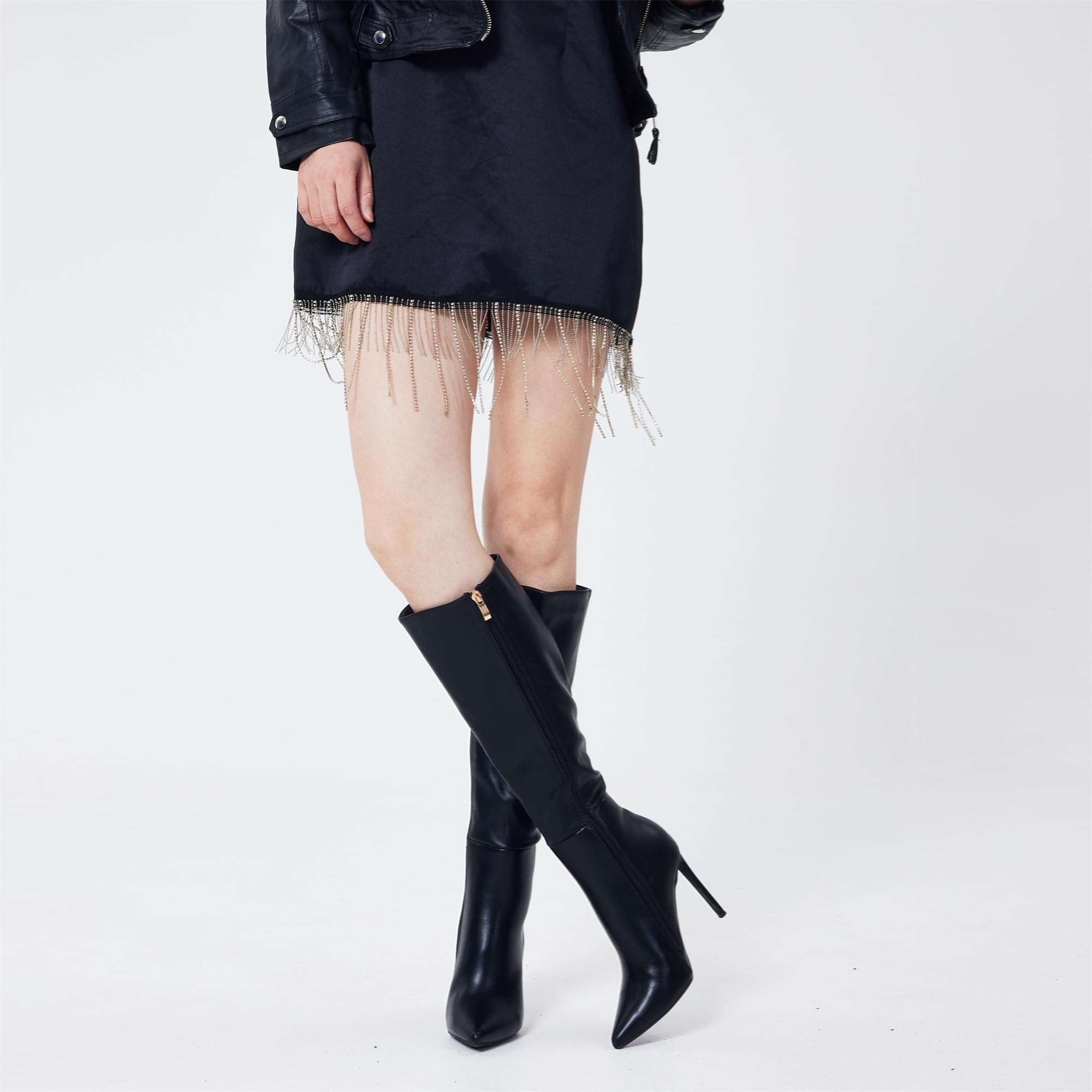 Elisabet Tang 4 inch Women's Knee High Long Boots, Stiletto Tall Pointed Toe Heeled Boot Leather Suede Comfortable Sexy