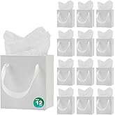 Aosric 12 Pack 4x2.8x4.5 In White Gift Bags with Tissue Paper - Small Sturdy & Reusable Boutique Gift Bag with Ribbon Handles for Party Favor, Wedding, Birthday Christmas and Holiday