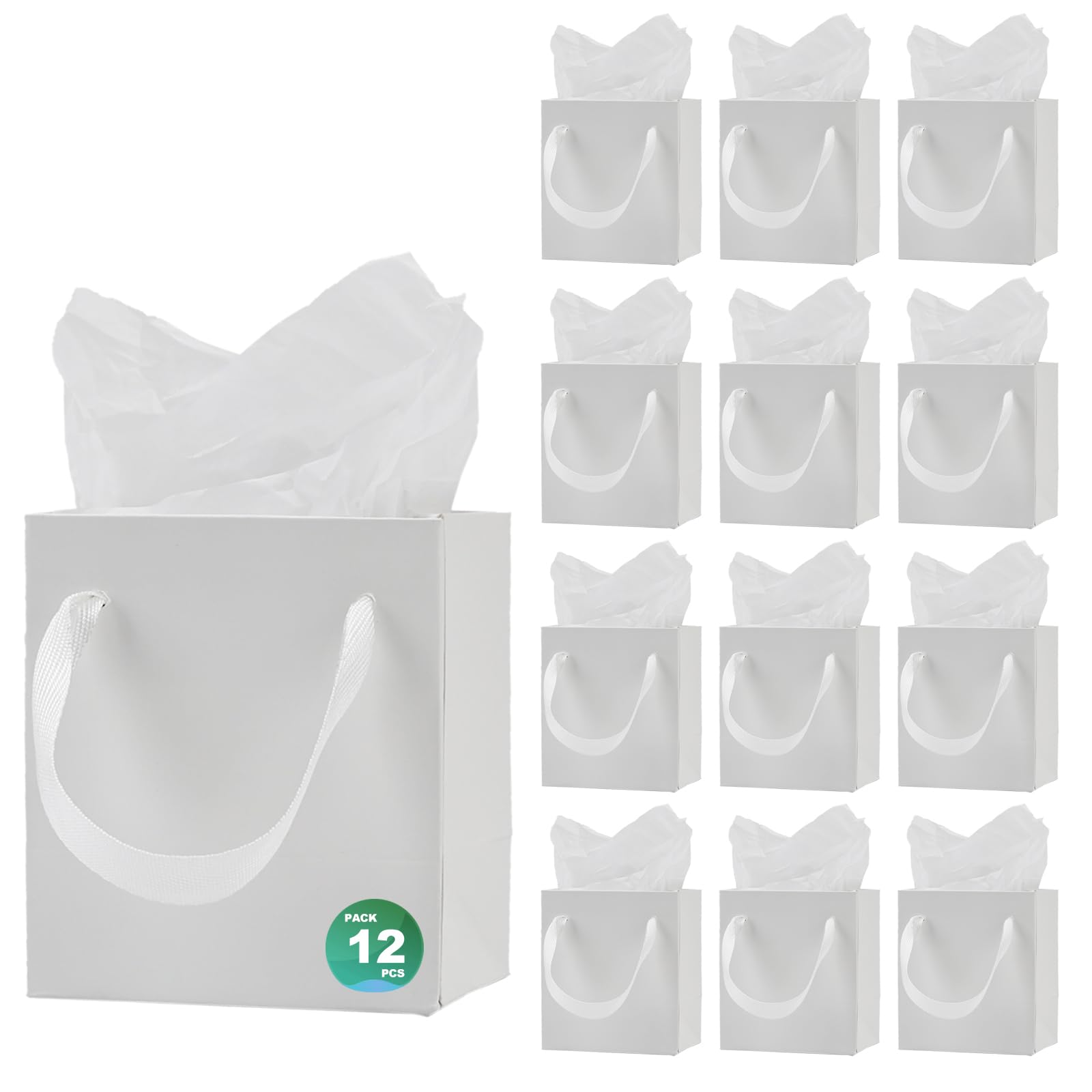Photo 1 of ***NO TISSUE***Aosric 12 Pack 4x2.8x4.5 In White Gift Bags with Tissue Paper - Small Sturdy & Reusable Boutique Gift Bag with Ribbon Handles for Party Favor, Wedding, Birthday Christmas and Holiday