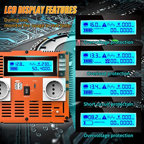 Inverter 12 V 220 V Pure Wave 4000 W Power Inverter 12 V to 220 V Power Converter with Remote Control & Dual AC Sockets & 2 x USB & Type-C Port for Car Camper