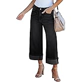 GRAPENT Wide Leg Jeans for Women High Waisted Stretchy Denim Crop Pants Fold Hem Cropped Baggy Jeans with Pockets