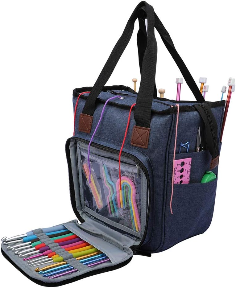 Katech Yarn Storage Bag Large Capacity Portable Knitting Tote Bag Empty Crochet Organizer Basket Bags for Carrying Yarn Balls, Crochet Hooks, Knitting Needles, Crochet and Sewing Accessories (Blue)