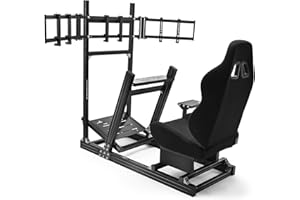 Supllueer 8040 Aluminum Racing Simulator Cockpit with 3 Monitor Stand and Black Seat,Universal and adjustable Cockpit, Compatible with Logitech/Thrustmaster/Fanatec/Moza Direct Drive Motors Wheels