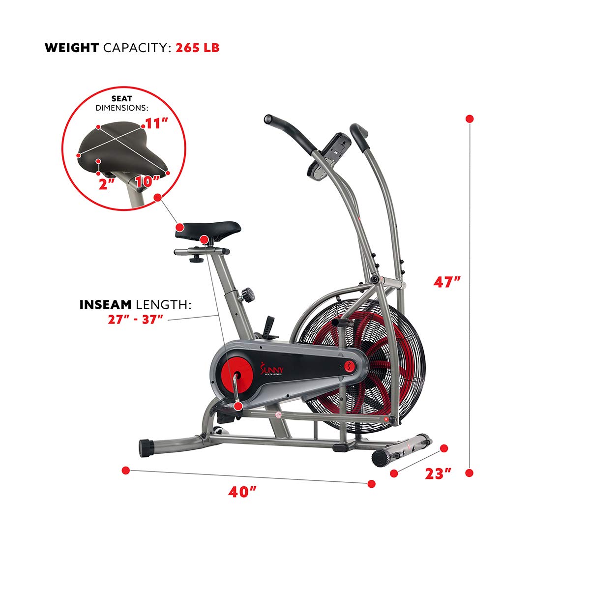 Sunny Health & Fitness Fan Bike Trainer w/Digital Monitor, Air Cardio Exercise for Full Motion Arm/Leg Training at Home and Adjustable Cushion Seat, Optional 4-way Adjustment