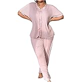 Floerns Women's Plus Size 2 Piece Pajama Set Lettuce Trim Short Sleeve Tops and Pants Pj Set