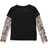 AYIYO Unisex Boys Girls Cotton T-Shirt with Mesh Tattoo Sleeve Top Pullover Clothes