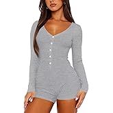 LEEDYA Women's Long Sleeve V Neck Rompers Sexy Fall Y2k One Piece Shorts Jumpsuit Bodycon Pajama Set Gym Bodysuit