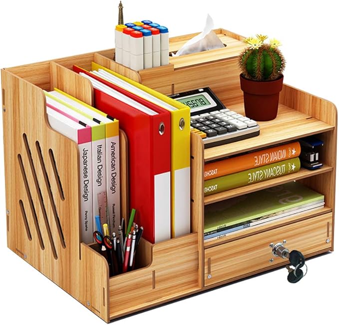 Wooden Desk Organizer, Large Capacity DIY Office Supplies Storage