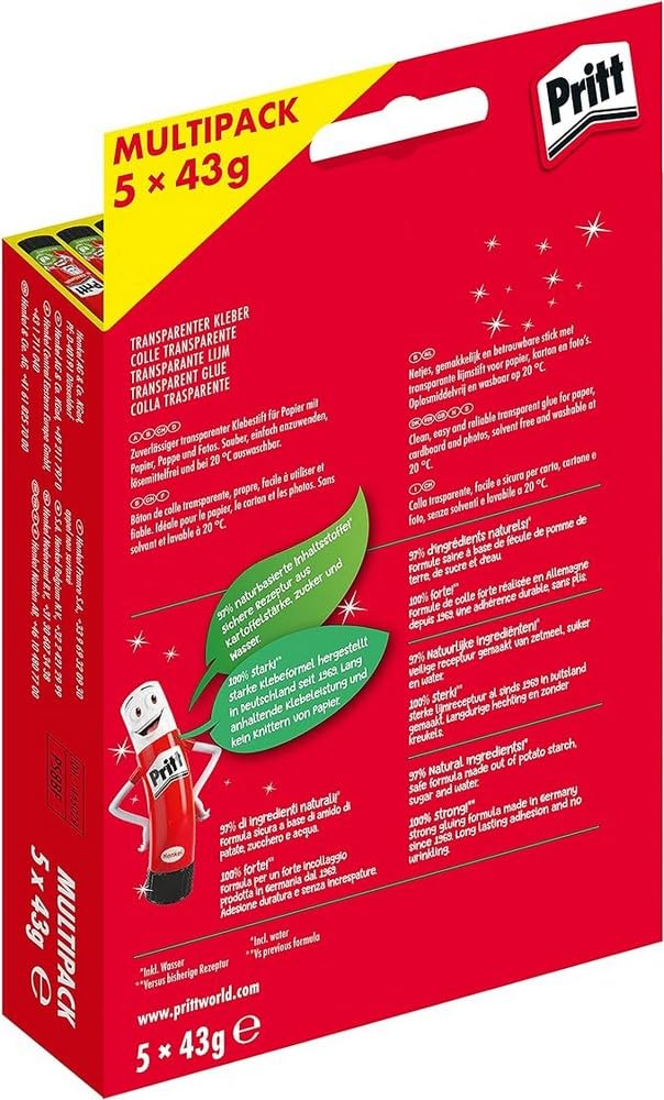 Pritt Klebestift, sicherer und kinderfreundlicher Bastelkleber für Kunst und Bastelarbeiten, starker Kleber für Schule & Bürobedarf, 5x43g Pritt Stift (Packung mit 2) 2