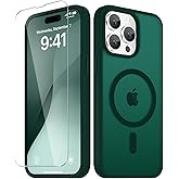 YENAPOON for iPhone 15 Pro Max Case, Matte Magnetic Phone Cover [with 1 Screen Protector] [Support for MagSafe] [Shockproof Military Grade Protection] Translucent Frosted Back, Dark Green
