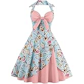 Women Vintage 1950s Rockabilly Swing Dress 50s Pinup Retro Hepburn Style A-Line Halterneck Floral Dresses