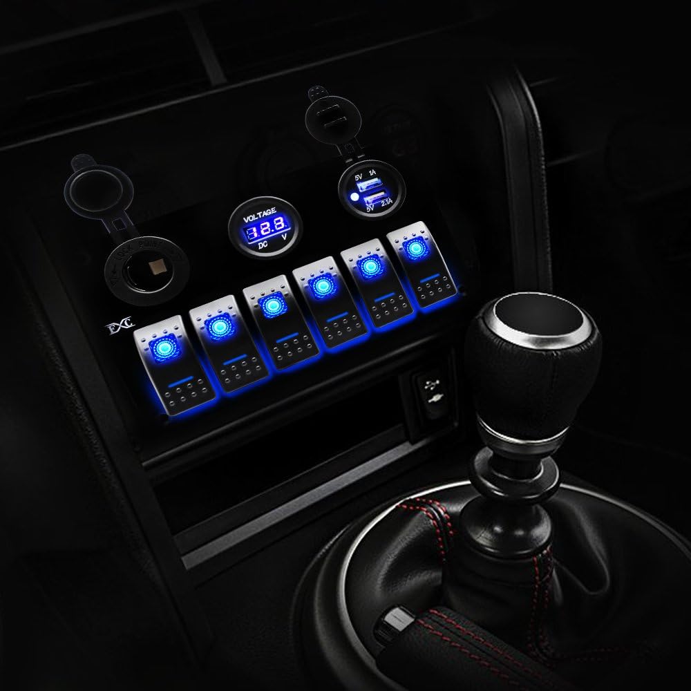 FXC Metal Aluminum Marine Boat Rocker Switch Panel 6 Gang with Dual USB Slot Socket + Cigarette Lighter + Digital Voltage Display LED Light for Car Rv Vehicles Truck : Sports & Outdoors