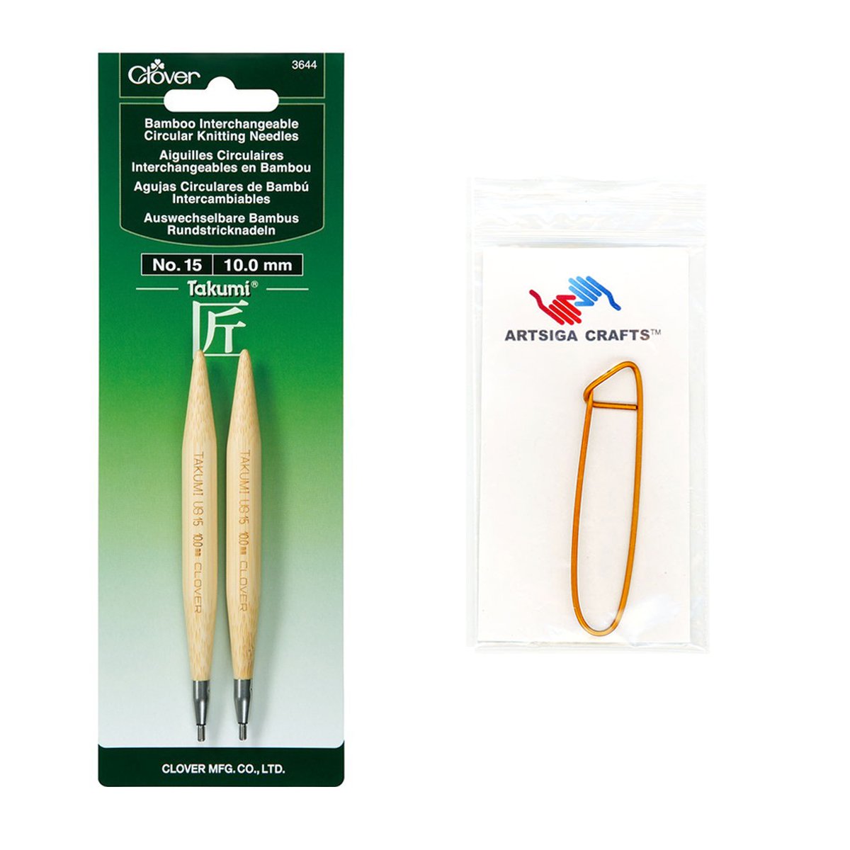 Clover Needlecraft Takumi Bamboo Interchangeable Circular Knitting Needles Size 15/10mm Bundle with 1 Artsiga Crafts Stitch Holder 3644