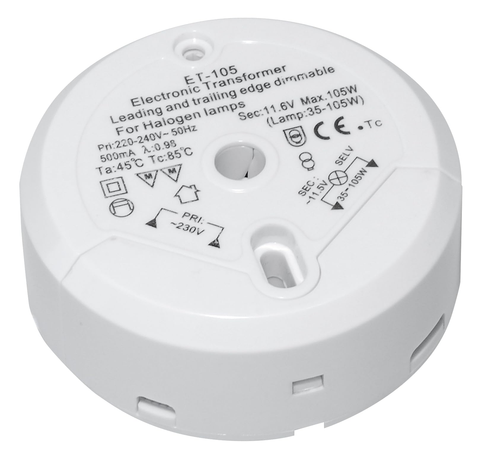 halogen transformer Transmedia LT5-3L, 230/12V/35-105W, overload protection, temperature fuse, not dropable, ø 85 x 22 mm