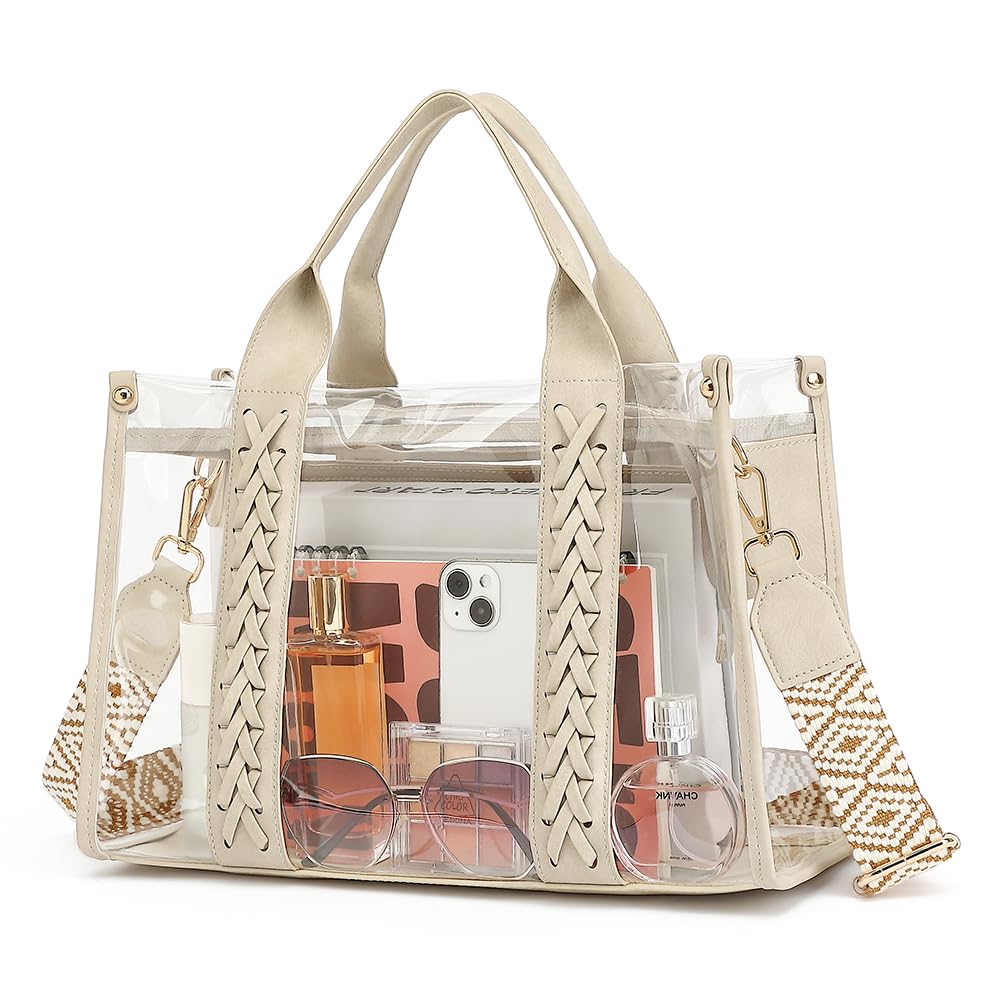 View 1 of ** MISSING STRAPS** FAIME Clear Tote Bag for Women Stadium Approved,Woven Crossbody Handbag Clear Bag for Stadium Events Plastic Purse for Work, Beach (Beige)