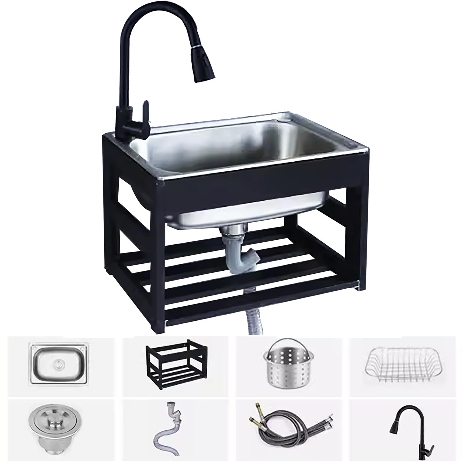 View 1 of Wall Mount Utility Sink, Small Stainless Steel Sink with Pull-Out Faucet and Bracket, Patio Sink Station Wall Mounted Outdoor Hand Wash Sink for Kitchen Laundry Garden Patio