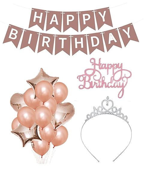VGRDTW Birthday Decoration for Women, Birthday Balloons for Women, Rose Gold Silver Princess Crown Headband Banners, Suitable for Girls' Party