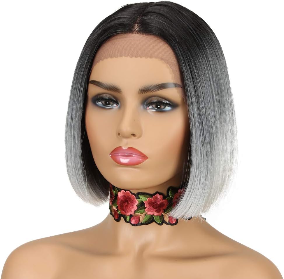 NOBLE Short BOB Lace Front Wig for Women |10 inches Middle Part Blunt Cut Bob Wig | Synthetic Ombre Gray Platinum Wig