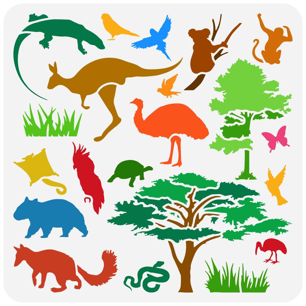 FINGERINSPIRE Australian Animals Painting Stencil 30x30cm Reusable Kangaroo Sloth Ostrich Lizard Monkey Flamingo Parrot Bird Drawing Template Tree Stencil for Painting on Wood Wall Furniture