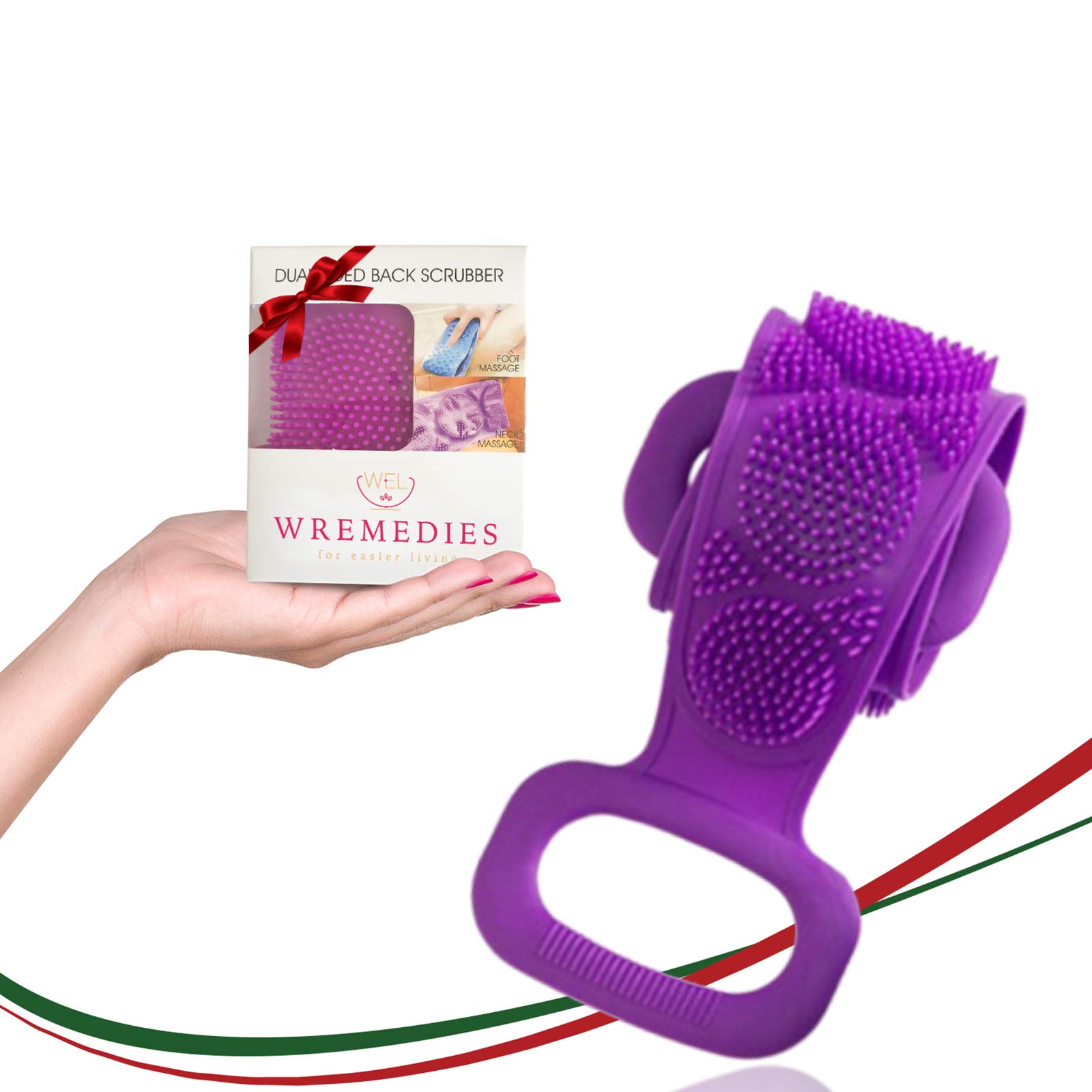 Wremedies for Easier Living Silicone Dual Sided Back Scrubber Body Wash Shower Exfoliating Deep Clean Massage Cleansing Pad Scrub Back Acne Bath Cleanser Ideal for Men and Women (Purple)