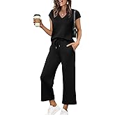 Saloogoe Two Piece Sets for Women Summer Outfits Lounge Sets V Neck Tops Wide Leg Pants Woman Vacation Travel Outfits