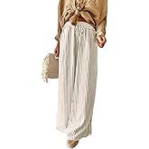 Acelitt Women Casual Drawstring Elastic Waist Striped Wide Leg Pants with Pockets, S-XXL