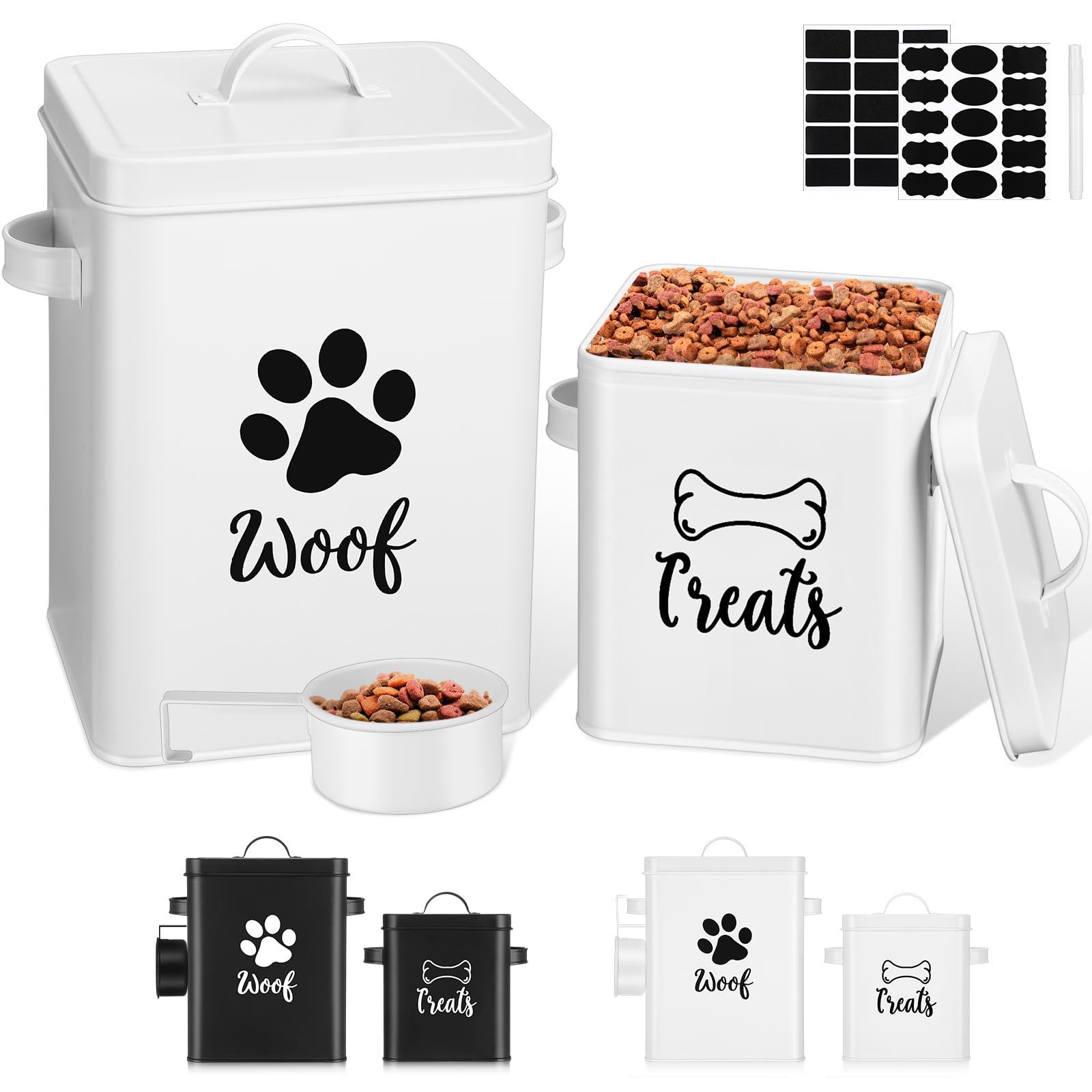 Photo 1 of Teenyyou 2 Pcs Metal Dog Treat Containers with Airtight Lids and Spoon 7+3 Lbs Dog Food Snack Jars with DIY Labels Big Pet Cookie Storage Jar for Kitchen Counter (White)