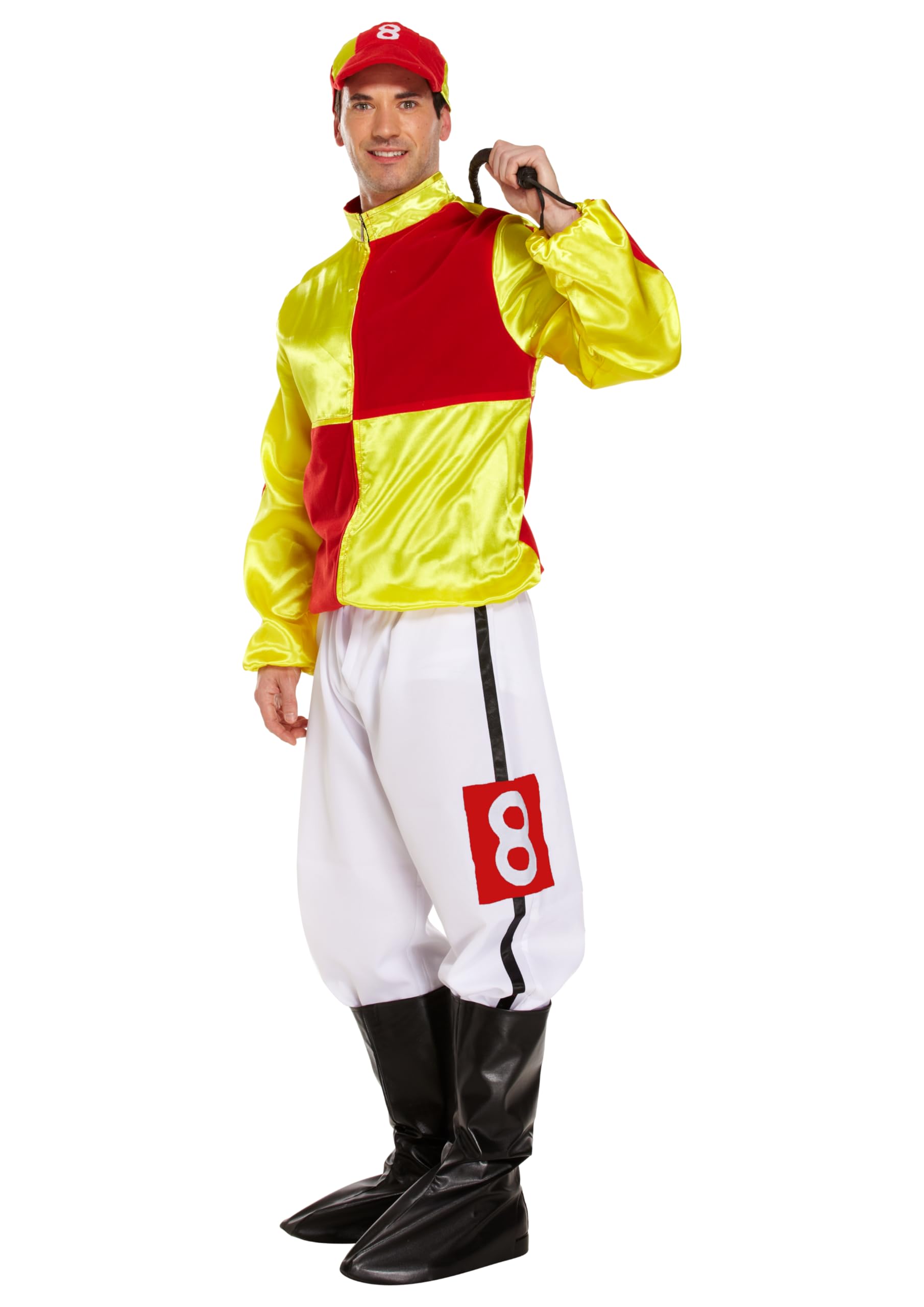 HENBRANDT Adult Men’s Red and Yellow Horse Jockey Outfit with Peaked Hat and Boot Covers Sports Fancy Dress Costume Racing Jockey Dress Up Outfit One Size Mens Fancy Dress Costume