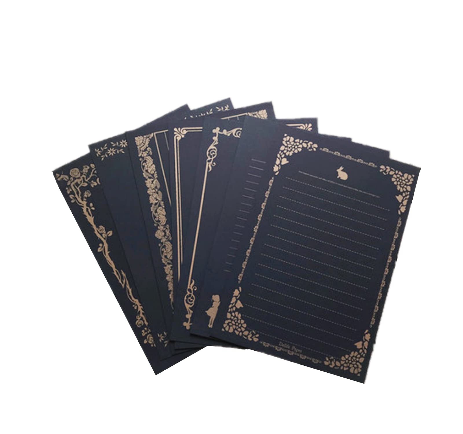 Black 80 Sheets Stationary Writing Paper,5 3/4x 8 1/4" Golden-Lace Vintage Stationery Paper with Lines Letter Paper for Office Home School Wedding Invitations or Love Letter 8 Different Patterns