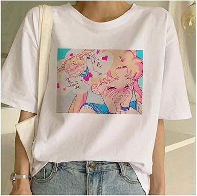 Sailor Moon de Verano Camiseta para Mujeres Harajuku de Manga Corta Aesthetic Ulzzang T-Shirt Lindo Gato Camiseta de dibujos animados Anime