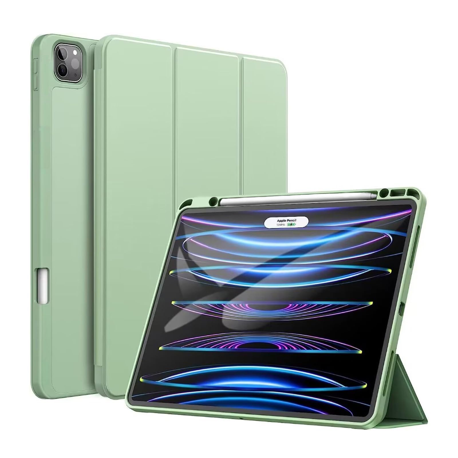 FSCOVER Case for iPad Air 13 inch(M3/M2,2025/2024),iPad Pro 12.9 inch(6th/5th/4th/3rd Gen,2022/2021/2020/2018) with Pencil Holder & Pencil Charging,Soft TPU Back Shell Stand with Auto Sleep/Wake,Green
