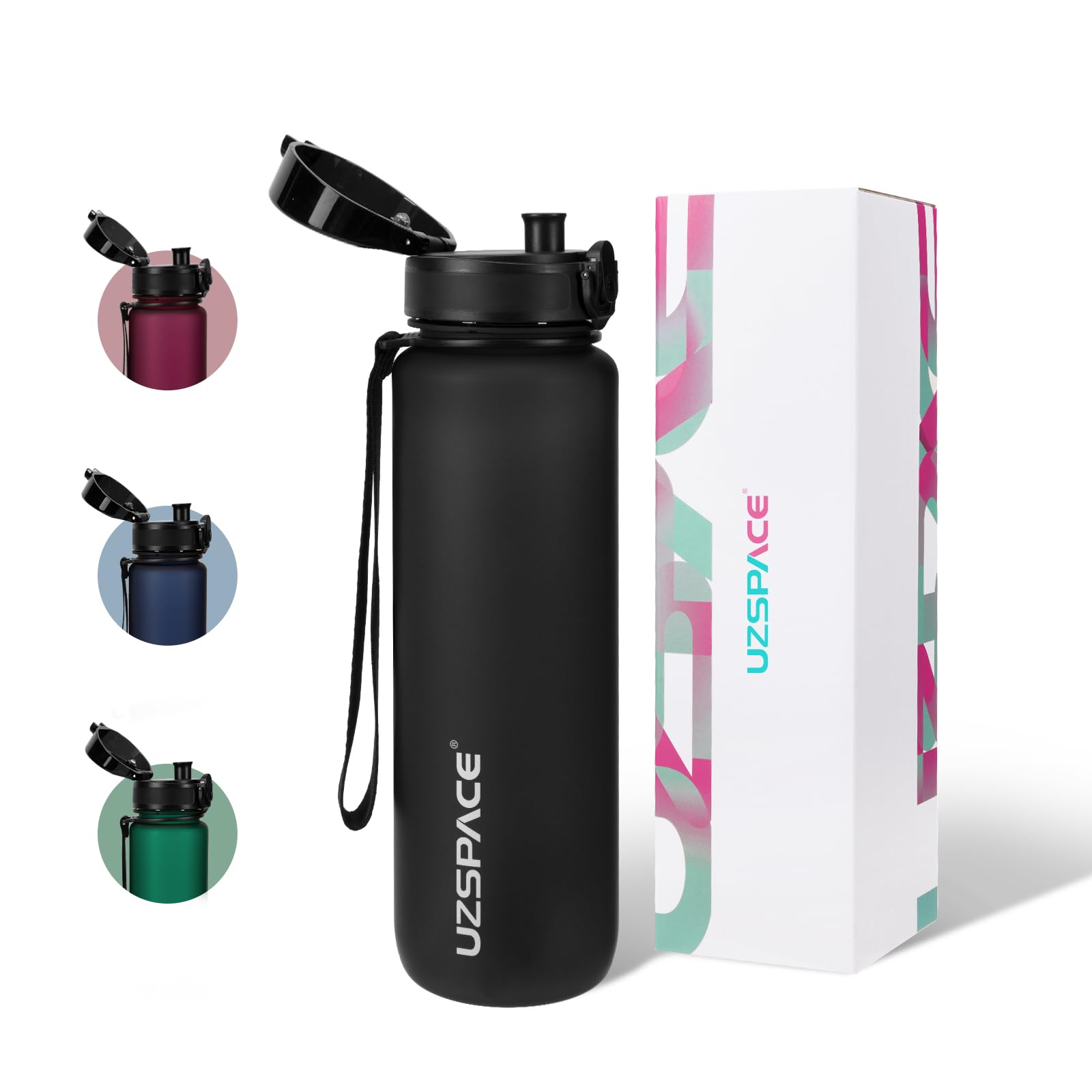 UZSPACE 1 Litre Water Bottle with Strainer - BPA Free Drinking Bottles for Adults - Sports Water Bottle with Capacity Scale - Daily Water Intake Bottle for School or Fitness & Outdoors Black