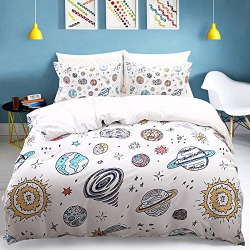 White Galaxy Bedding Stars Duvet Cover Set Galaxy Planets and Stars Printed White Kids Bedding Set Queen-(90"x90") One Duvet Cover Two Pillowcases (Queen, Galaxy)