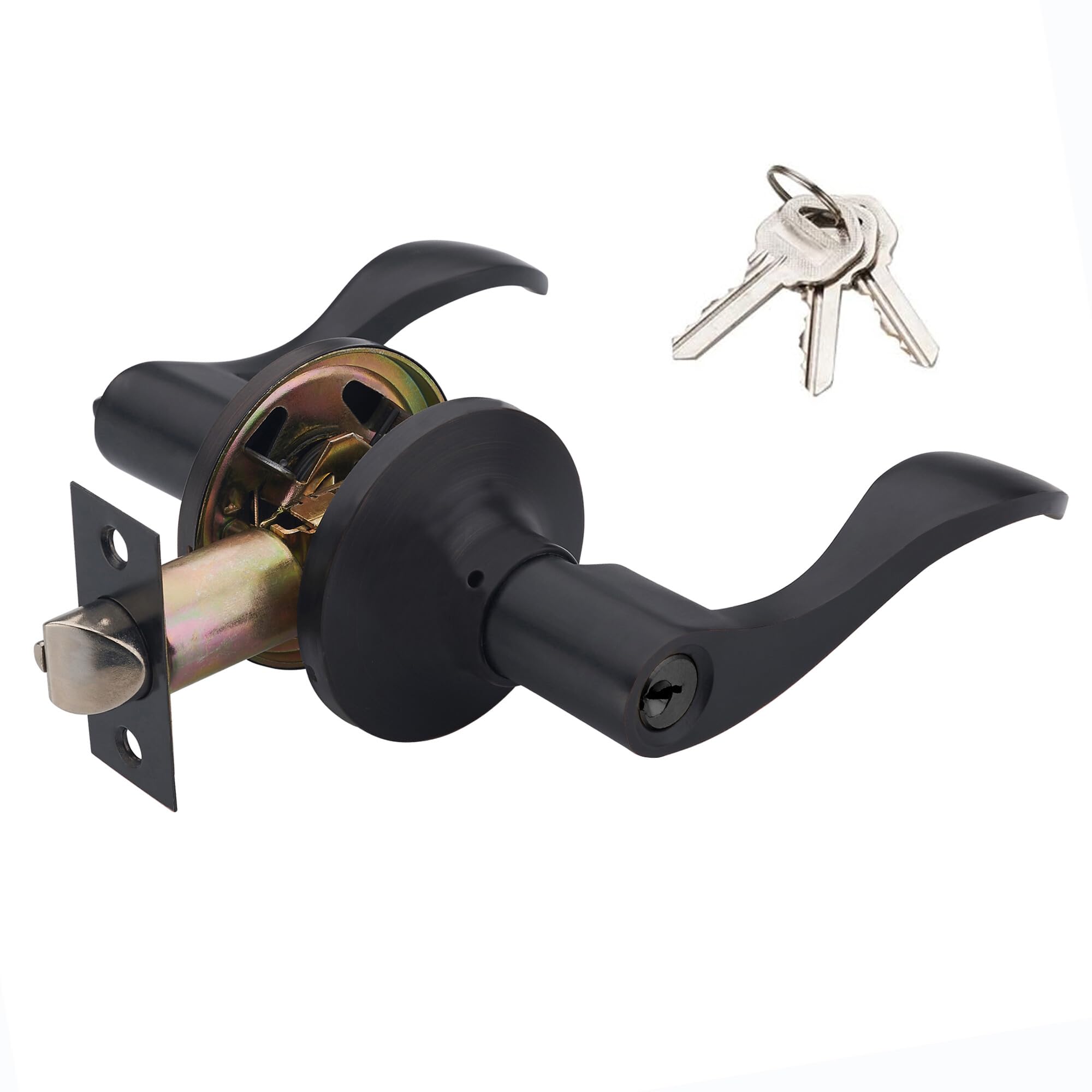 Photo 1 of 1 Pack of HENYIN Wave Lever Keyed Entry Door Lock/Door Knob Hardware Handle and Closet Lockset, Black Color, with Key,Right Hand(805ORB-R)