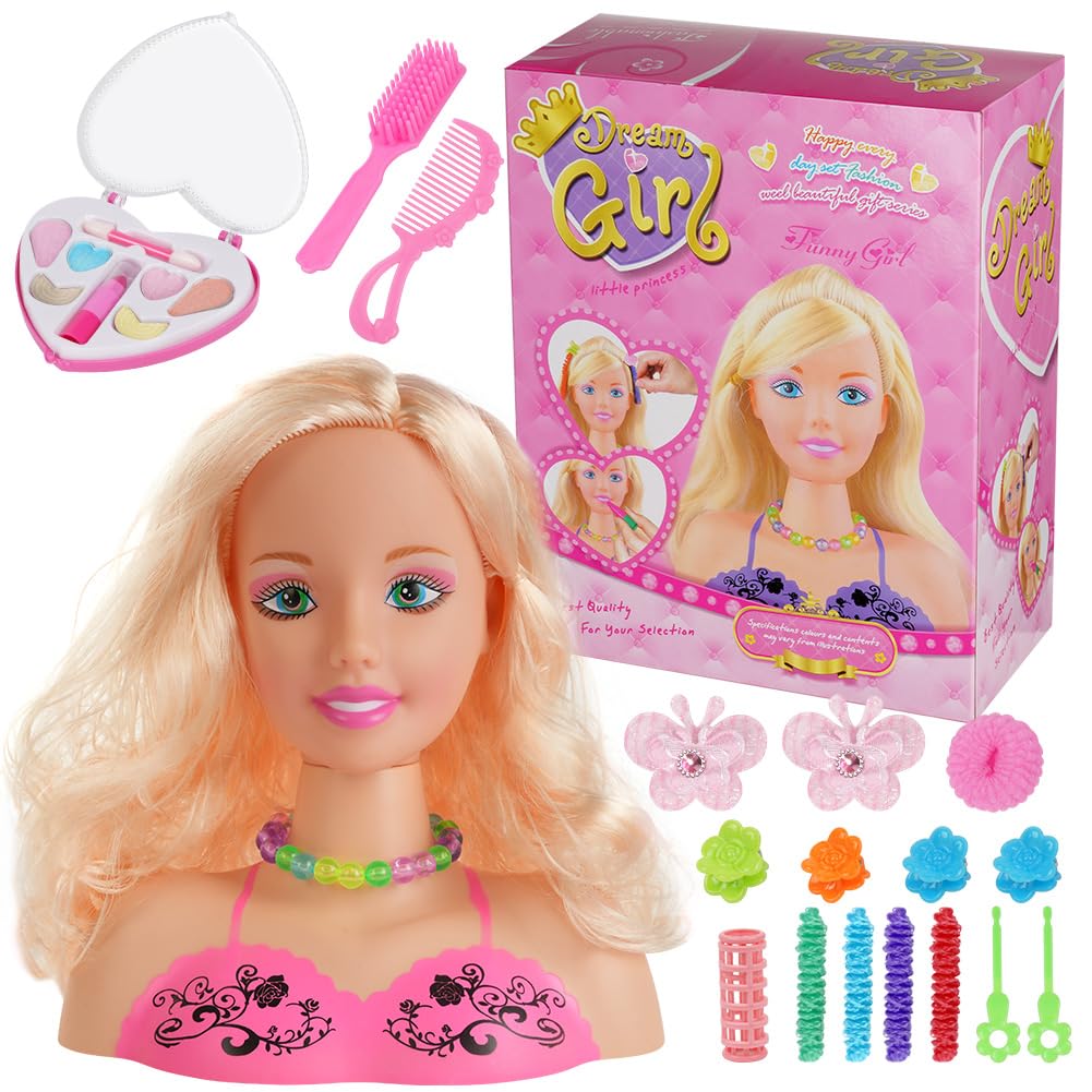 HOTUT Hairdressing and make-up head for children, 17 pieces make-up and hairdressing head for girls, including cosmetics and hair styling accessories, doll head for styling head