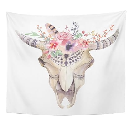 Amazon Com Emvency Tapestry Watercolor Bohemian Cow Skull Western