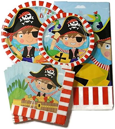 Pirate Theme Birthday Party Supplies for Boys - Bundle Includes: Plates, Napkins and Tablecover for 16 Guests