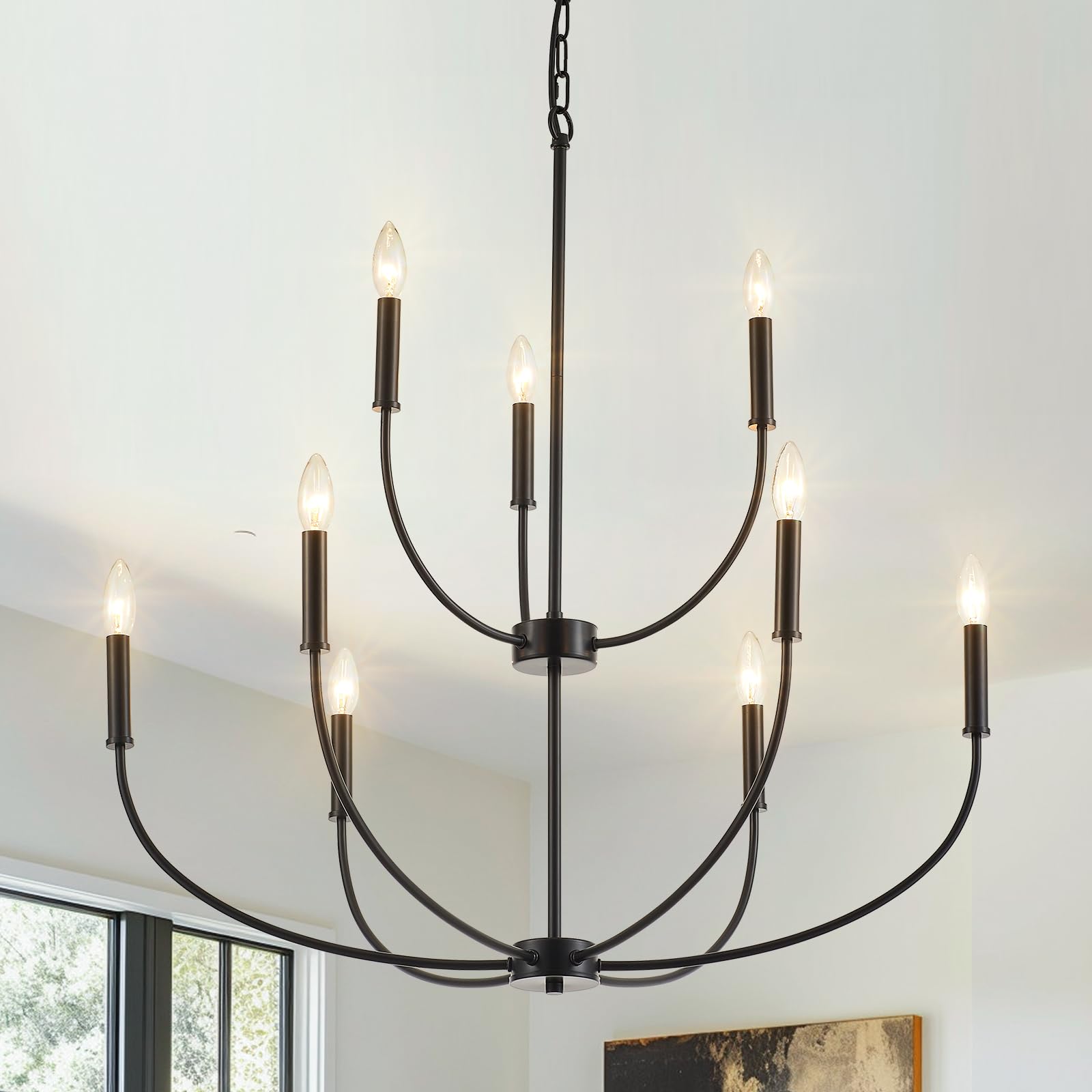 Photo 1 of VANZARLA 9-Light Black Chandelier for Entryway, Modern Farmhouse Dining Room Light Fixture, Industrial Candle Pendant Light for Foyer Stairway Living Room