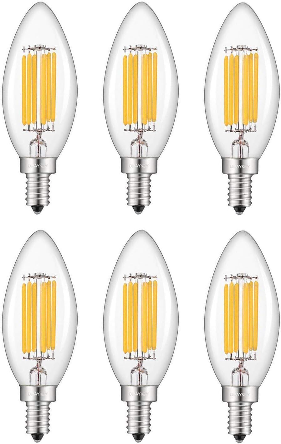 OMAYKEY LED Candelabra Bulb 6W Dimmable, 60W Equivalent 650 Lumens 2700K Warm White, E12 Base C35 LED Filament Candle Bulbs, 6 Pack