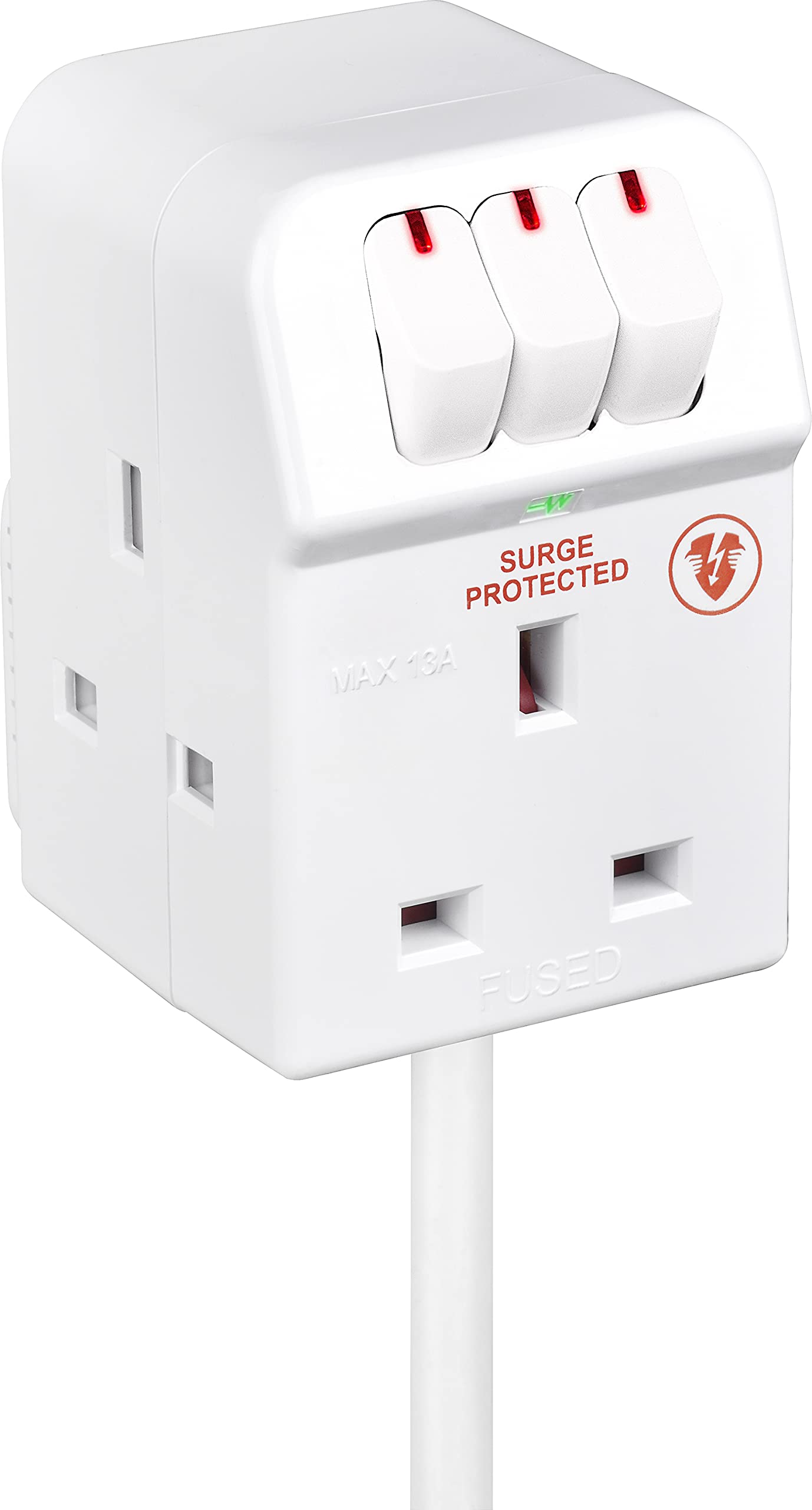 Masterplug Three Socket Surge Compact Adaptor Extension Lead, 2 Metre, White