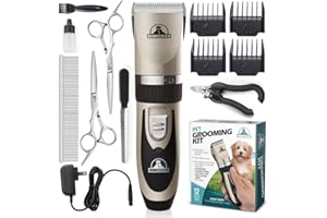Pet Union Professional Dog Grooming Kit - Rechargeable, Cordless Pet Grooming Clippers & Complete Set of Dog Grooming Tools. Low Noise & Suitable for Dogs, Cats and Other Pets (Gold)