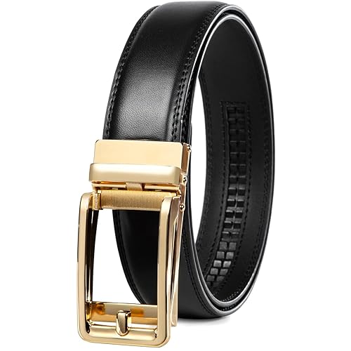 Founders C Men's Leather Ratchet Comfort Click Belt Dress with Slide  Buckle -Adjustable Trim to Fit (gold buckle with black belt, 22