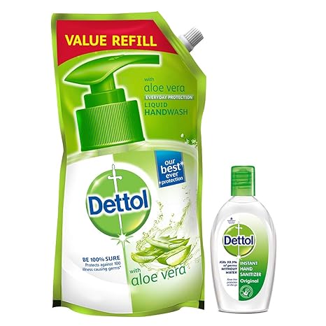 Dettol Germ Protection pH-Balanced Liquid Hand Wash Refill, Aloevera-750 ml with Dettol Hand Sanitizer, Original-50ml