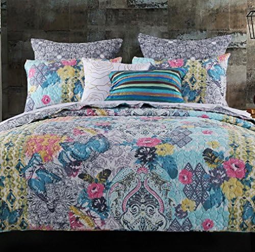 Quilt Set with Shams 3 Piece Brushed Microfiber Flowers Butterflies Floral Print Pattern Blue Yellow Bedding Luxury Reversible Bedspread Oversize King/Cal King Size - Includes Bed Sheet Straps